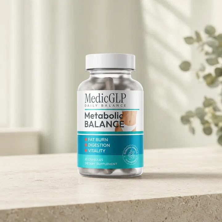 Flacon MedicGLP Daily Balance posé sur une tablette en pierre claire