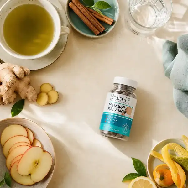 Flacon MedicGLP présenté avec des ingrédients d’origine végétale